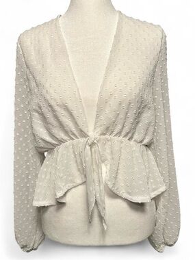 White Swiss Dot Tie-Front Peplum Blouse